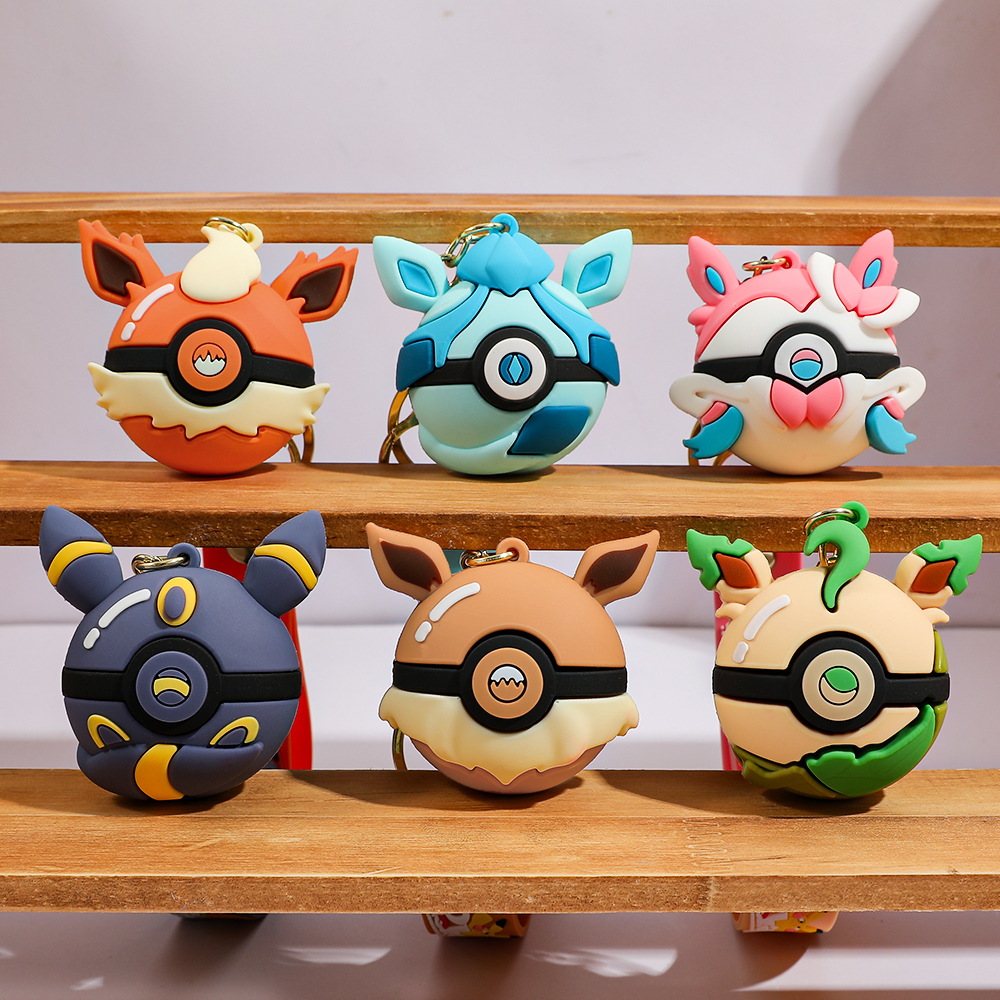 Pokeball Cosplay Prop - 6個入り ピカチュウ漫画キーホルダー グレイシアエルフボールペンダント 可愛いシリコンキーリング バッグデコレーション 収集価値のあるギフト