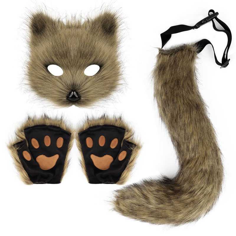 Cosplay Material For Prop - Le Coolのハロウィンコスチュームセットには、模造マスク、手袋、ぬいぐるみの狐、手作りの動物の尻尾、コスプレ用小道具などが含まれています。
