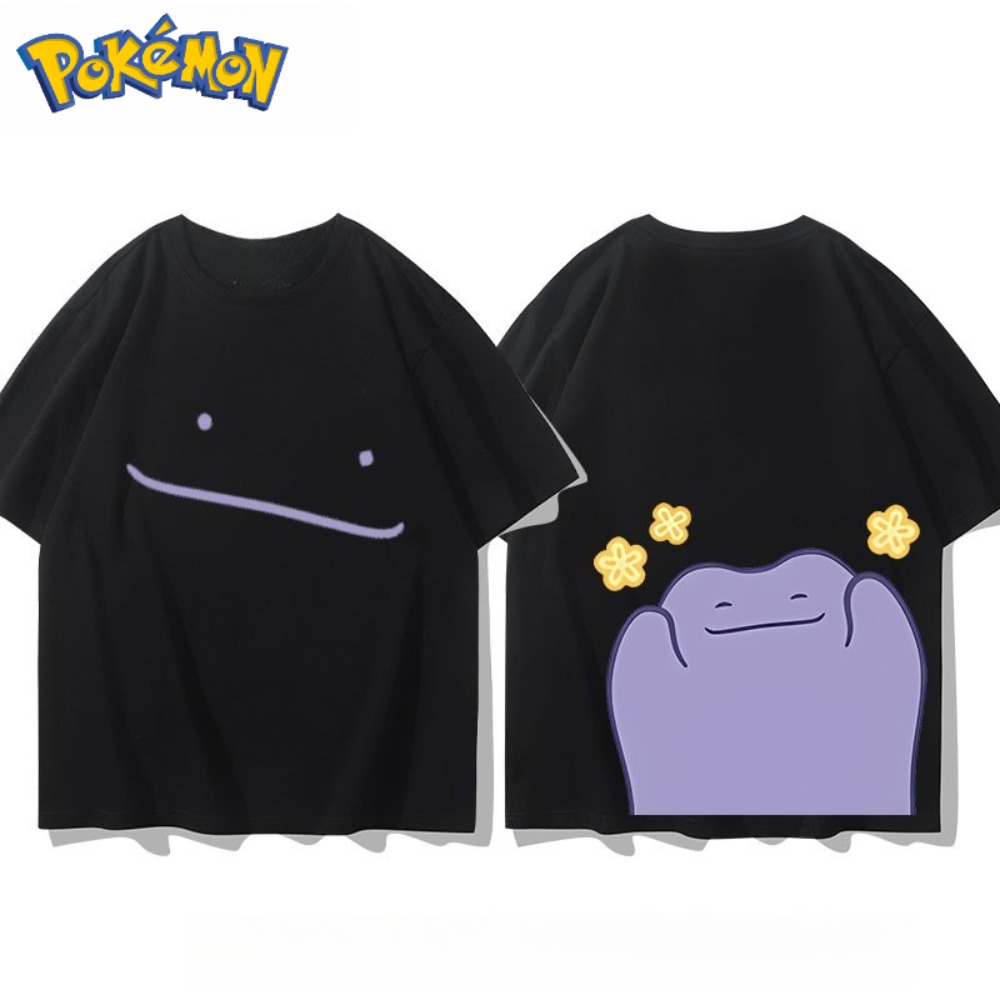 Pokeball Cosplay Prop - 2026年夏 ポケモン ディットー 両面キュートプリントTシャツ、100%コットン オーバーサイズ カップル＆ファミリー向けTシャツ